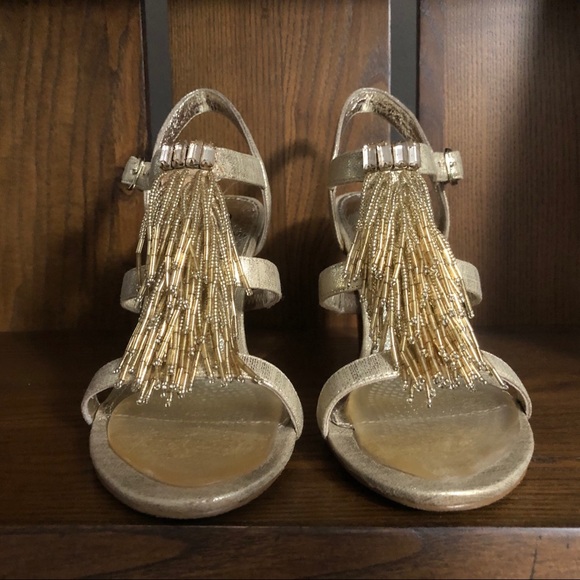 ADRIANNA PAPPEL Gold Beaded Sandal Wedge Heel Style and Comfort Women 6.5 - Picture 5 of 8